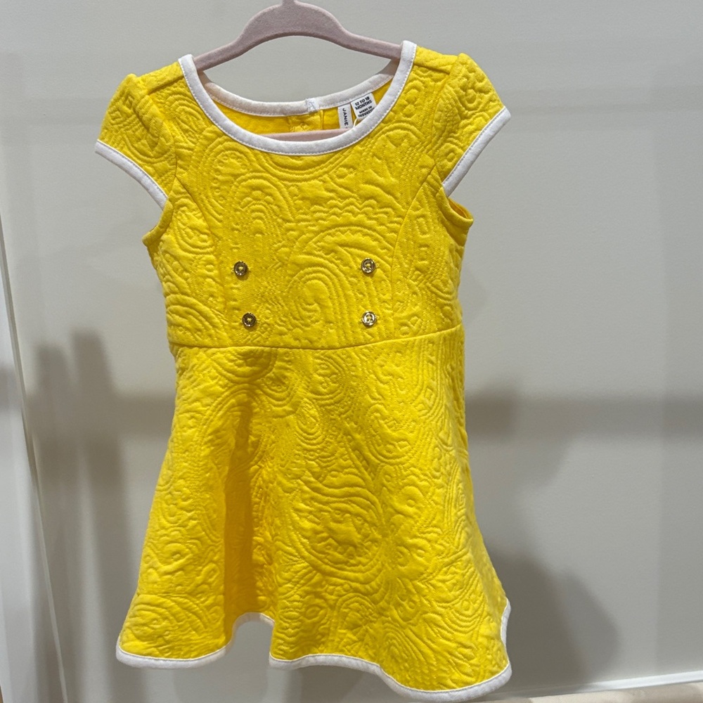 Janie and Jack Yellow ponte Dress with White Accents and gold buttons